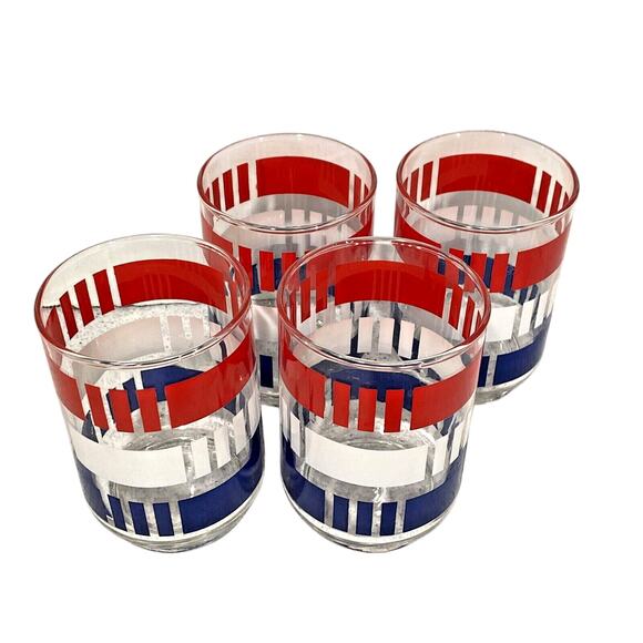 Vintage Libbey Glasses (4) Red White & Blue Americana Mod Stripes Patriotic Set - Picture 4 of 9